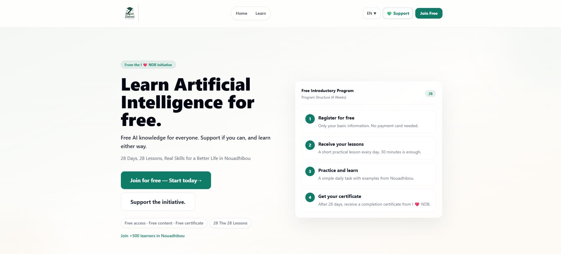 Aperçu de l'interface de la plateforme Zidnni Academy